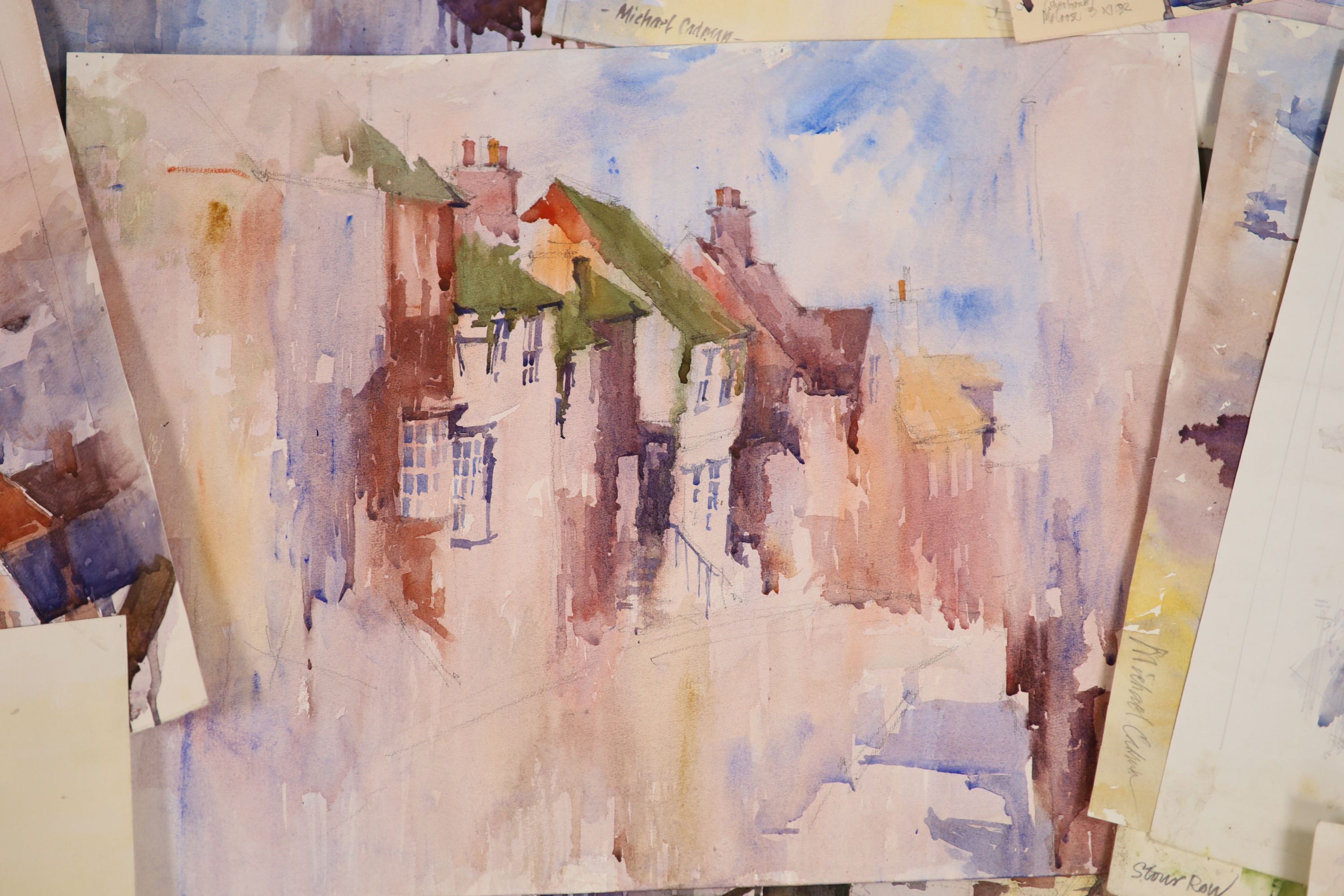 Michael Cadman (1920-2012), folio of watercolours, Buildings and City Scapes, mostly signed, 40 x 57cm approx.